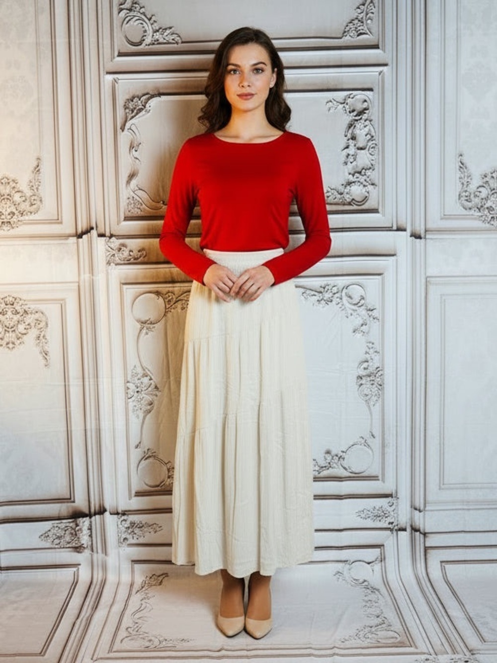 I.N. Studio Cream Maxi Tiered Skirt